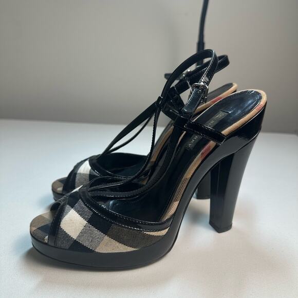 Burberry Nova Check Peep Toe Platform Heels Patent Detail Size 41 GUC - Picture 1 of 8